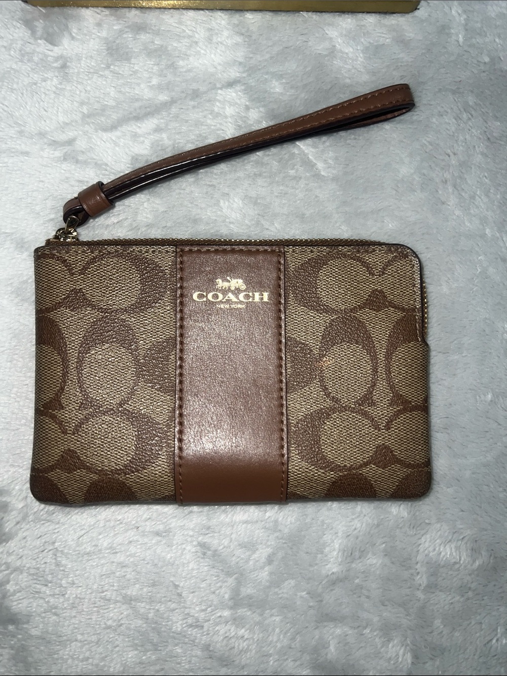 Coach Brown Signature Canvas Wristlet with Leather Trim
